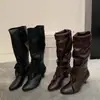 Versión de cuero~Botas altas de cordones con punta fina estilo coreano para mujer, botas vintage de tacón grueso fruncidas apiladas, botas de ajuste ceñido, botas de montar