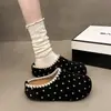 Pantuflas de Lana y Algodón Boken Retro de Lunares para Mujer Invierno Hogar Suela Suave Antideslizante Cálidas Lindas Calzado Exterior Zapato Peludo para Persona Perezosa