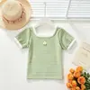 Camiseta Ribana Stretch de Manga Curta Listrada com Gola Quadrada para Meninas, Estilo Verão 2026 com Aplicações de Frutas, Versão Coreana Camada Base Versátil para Bebês