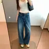 Estilo de diseñador Me encanta el ajuste Elegantes y chic Bolsillos de parche Cintura alta Pierna ancha Pierna recta Jeans K0919N