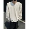 Sudadera con cuello en V texturizada para hombre, primavera y otoño, estilo American cleanfit, camiseta holgada de manga larga, negra