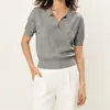 Camisa de Tricô Fina de Verão para Mulheres, Gola Polo Manga Curta, Verde Militar, Ajuste na Cintura, Emagrecedor, Top Versátil para o Dia a Dia