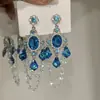 Brincos de Franja de Cristal Azul Retro Franceses Resistentes para Mulheres, Brincos Longos Luxuosos e Exquisitos, Brincos Elegantes e de Alto Padrão
