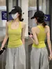 Top sin mangas de cuello halter y cuello cuadrado amarillo limón para mujer, Ropa de exterior de verano, Estilo deportivo, Yoga, Cobertura lateral del pecho, Top base
