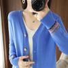 2026 Otoño e Invierno Nuevo Estilo Ropa Exterior Cuello en V Bloques de Color Cárdigan de Punto para Mujer Suéter Holgado de Manga Larga Prenda Base Superior para Mujer 1