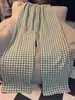 Calça de Pijama Xadrez de Camadas Alta Feminina Fina para Caminhada Simples Casual Solta Usável Super Longa para Casa