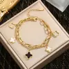 Pulsera de Estilo Europeo y Americano para Mujer, Trébol de Cuatro Hojas, Cadena de Doble Capa, Pulsera de Acero de Titanio, Oro Rosa de 18k, Pulsera Elegante y Moderna