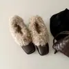 Versión de Piel de Oveja ~ Zapatos Peludos de Punta Cuadrada, Slip-On Estilo Retro, Forrados de Borrego para Calidez, Zapatos de Piel Mary Jane, Zapatos de Algodón, Zapatos de Tacón Grueso