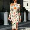 Transfronterizo Nuevo Estampado Digital Casual Personalidad Moda Temperamento Vestido de Manga Larga Hombros Descubiertos Falda Primavera y Otoño Mujer