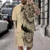 Moda Nueva Transfronteriza Aliexpress Traje Deportivo de Dos Piezas para Hombre con Estampado de León 3D Traje de Verano Camiseta Pantalones Cortos