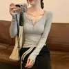 Camiseta de Manga Larga Primavera y Otoño Delgada Ajustada Color Sólido Capa Base Cuello Redondo Estilo Coreano Ropa para Mujer Simple Moderna Camiseta