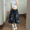 Pantalones Vaqueros Cortos de Pierna Ancha Sueltos para Pareja Verano 2026 Estilo Retro Americano de Nicho Estampado Completo con Parches de Estrellas de Retazos de Longitud Media
