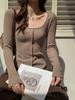Nueva Camiseta Básica de Cuello Cuadrado para Mujer Otoño e Invierno, Camiseta de Manga Larga Retro Francesa Cepillada en el Hombro Derecho, Top Interior Elegante y Adelgazante
