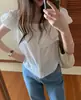 Chic Coreano Verano Nuevo Dulce Sentido del Diseño Cuello Cuadrado Botones Manga Corta Camisa Top para Mujer