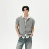 Fornecimento Exclusivo Transfronteiriço: Camisa Cardigã de Malha Manga Curta com Gola Revirada Cleanfit Verão Estilo Old Money Patchwork Falso Duas Peças