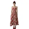 Vestido Longo Vermelho Floral Estilo Francês com Alcinhas para Mulheres, Estilo de Férias, Deslumbrante Tamanho Plus Size, Corte Evasê, Atacado Transfronteiriço