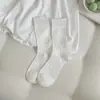 Meias de verão femininas Zhuji, meias de algodão puro com trama vazada de cano médio, estilo coreano, cor sólida, sem costura no calcanhar, meias longas empilháveis