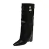 Botas de comercio exterior transfronterizas con cremallera lateral, talla 45, botas altas hasta la rodilla para mujer, modernas botas largas de punta fina, talla 34, tacones de cuña modernos de talla grande para mujer