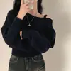 Nova Tendência da Moda Feminina Outono e Primavera Estilo Coreano Ombro Único Cor Sólida Solto Sexy Gola Alta Manga Morcego Suéter de Tricô