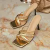 Sandalias de Tacón Alto con Tira de Algodón Torcido Dorado 2026 para Mujer, Mules Stiletto Negros de Punta Cuadrada Abiertos para Fiesta
