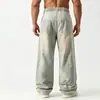 Jeans retro americanos desgastados de cintura elástica con cordón, pierna ancha para hombre, pantalones rectos de longitud completa con diseño dividido de alta costura