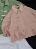 Top Único Estilo Designer Estilo Chinês, Nova Jaqueta Camisa de Botão Estilo Chinês para Mulheres, Comprimento Curto com Barra Franzida e Mangas Lanterna