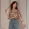 Blusa estampada feminina de chiffon com caimento, de temperamento maduro e design consciente, estilo coreano estiloso, para o verão