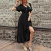 Bai Fen Zhi YiAmazon Verano Versátil Romántico Elegante Ajuste Delgado Cuello en V Volantes Color Sólido Vestido
