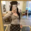 Camiseta Gola V Torcida de Lã Tencel de Manga Longa para Mulheres, Novo Estilo Outono e Inverno, Camisa de Camada Interna Justa, Top Curto