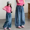 Pantalones de Pierna Ancha de Mezclilla con Graffiti para Niñas Estilo Coreano, Ropa de Otoño para Niños Medianos y Grandes, Nuevo Estilo Primavera y Otoño, Modernos Pantalones de Mezclilla para Niños, Tendencia