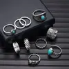 Bestseller transfronterizo juego de anillos de piedra lunar de diseño minimalista, anillo geométrico de diamante negro, joyería apilable de turquesa estilo europeo y americano