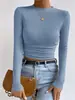 Camiseta de mujer Amazon transfronteriza europea y americana para otoño/invierno, corte slim, versátil, de manga larga, a cuadros, cuello redondo, con detalles fruncidos