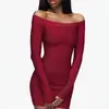 INS Otoño Transfronterizo Sexy Chica Caliente Vendaje Ajustado de una Sola Manga Larga Ceñidor de Cintura que Resalta las Caderas Vestido Color Sólido