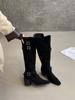 Botas de Gamuza con Hebilla de Cinturón 2025 Otoño e Invierno Nuevo Estilo Punta Redonda Tacón Grueso Cuero Slip-On Botas Slouch en Stock