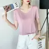 Camiseta casual feminina estilo coreano para primavera e verão, cor sólida nova, estilo preguiçoso, gola redonda elegante, manga curta, corte solto, simples