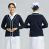 Suéter de Enfermera Shitai Cárdigan para Mujer Suéter Grueso de Punto Polar Azul Marino Uniforme de Trabajo para Enfermera Doctor