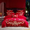 Juego de cuatro piezas de ropa de cama de algodón para boda, juego de seis piezas de algodón puro, algodón de fibra larga, colcha de boda dragón y fénix rojo brillante, artículos de boda