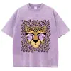 [Transfronteiriço 230g] Camiseta Feminina Retro Lavagem Ácida Estampa de Leopardo Estampa de Desenho Animado Gola Redonda Algodão Manga Curta Moda