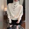 Suéter de Tricô Macio e Aconchegante Estilo Preguiçoso Outono/Inverno, Gola Alta Soltinha, Meio Botão, Manga Longa, Feminino, Redutor de Idade