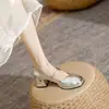 Sapatos Mary Jane estilo francês para mulheres, nova coleção de outono 2026, saltos altos grossos, sapatos de peça única prateados, corte baixo, adequados para combinar com saias, sapatos de couro pequenos
