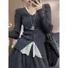 Top de punto patchwork de encaje gris, capa interior de manga larga para mujer, talla grande, nuevo estilo de primavera, top ajustado