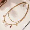 Collar Acero Inoxidable Cubo de Azúcar Doble Capa Apilado Corazón Ins Circonita Múltiples Colgantes Cadena para Clavícula Versátil Estilo Europeo y Americano Lujo Ligero