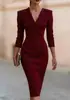 2026 Nuevo Vestido Traje de Estilo Europeo y Americano Cuello en V Manga Siete Cintura Ceñida Ajustado al Cuerpo Ceñido a la Cadera Longitud Media Vestido Formal
