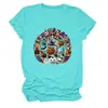 Amazon eBay sitio independiente de moda y único para mujer con estampado de cuadros, lazo, calabaza, flor morada, cuello redondo, manga corta, camiseta
