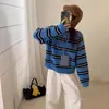 Chaqueta Suéter de Rayas Bloque de Color Cuello Redondo para Mujer Otoño Nuevo Estilo Coreano Holgado Perezoso Cardigan de Punto con Doble Cremallera