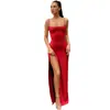 Vestido Largo de Verano para Mujer de Estilo Nuevo, Ajustado, sin Espalda, Sexy, con Abertura, Color Sólido Elegante, Transfronterizo Europeo y Americano