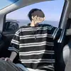 Camiseta de Verano Nueva Estilo Retro Americano a Rayas de Manga Corta para Hombres Adolescentes, Camiseta Holgada con Bloques de Color y Puntada de Contraste