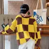 Nuevo Diseño de Estilo Perezoso Otoño e Invierno con Colores Contrastantes, Cuello Redondo, Suéter Pulóver de Cuadros Retro para Mujer, Prendas de Punto de Abrigo Talla Grande