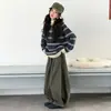 Conjunto de Ropa Casual de Moda Coreana para Niña Grande Estilo Otoño/Invierno Suéter Rayado Grueso con Solapa y Pantalones de Pierna Ancha