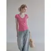 Camiseta rosa ummoi de cuello en V de manga corta, estilo verano, entallada a la cintura, corte ajustado, top corto para mujer